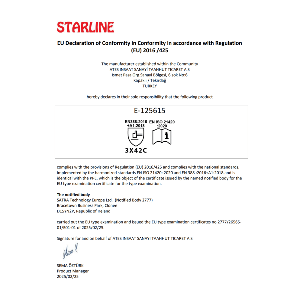 Starline E-125615 TPR Kaplama HPPE Astar Darbelere Karşı C Kesilme Dirençli İş Eldiveni (3X42C)