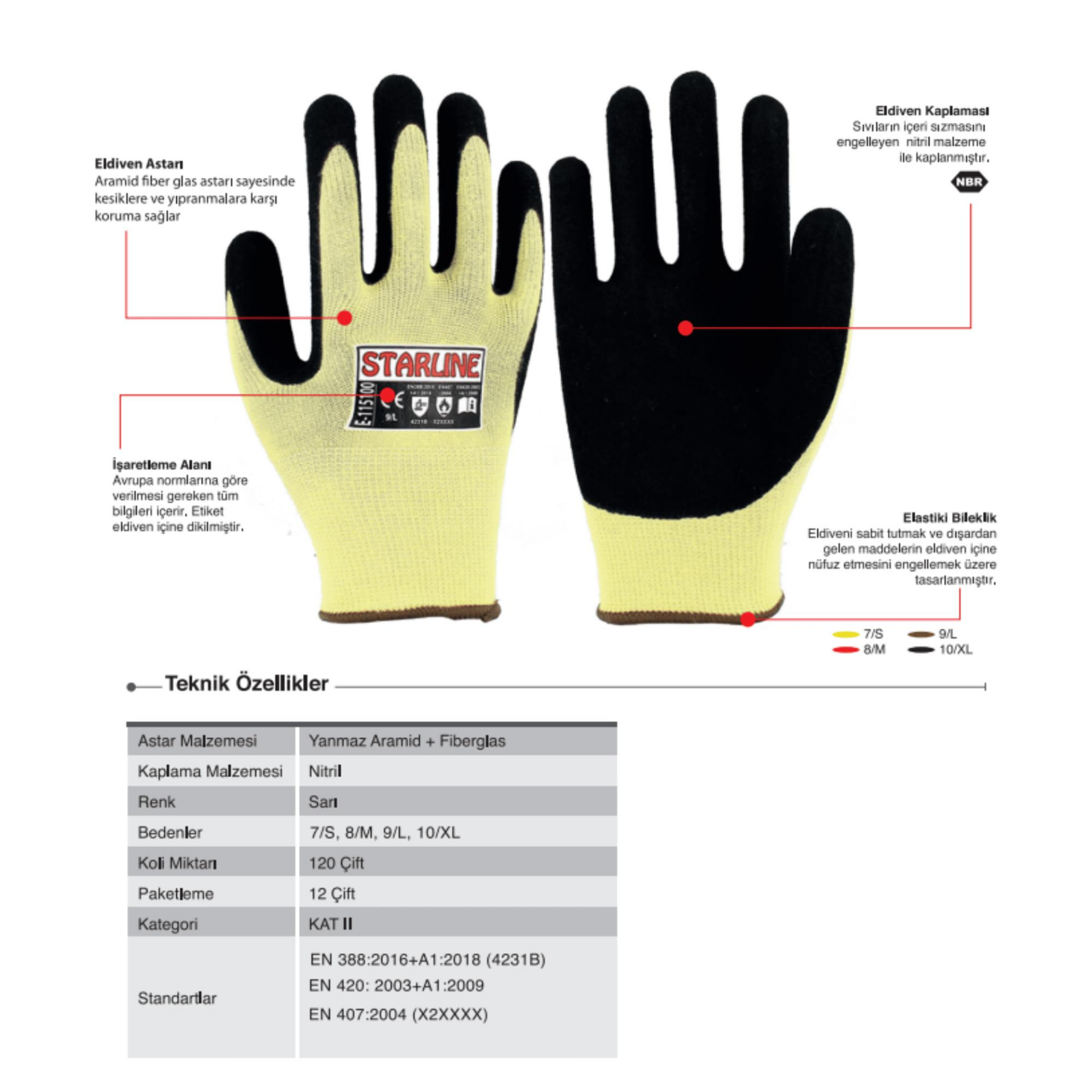 Starline E-115100 Kesilmez (B) ve Isıya Dayanıklı (250°) Nitril Eldiven Aramid Astar