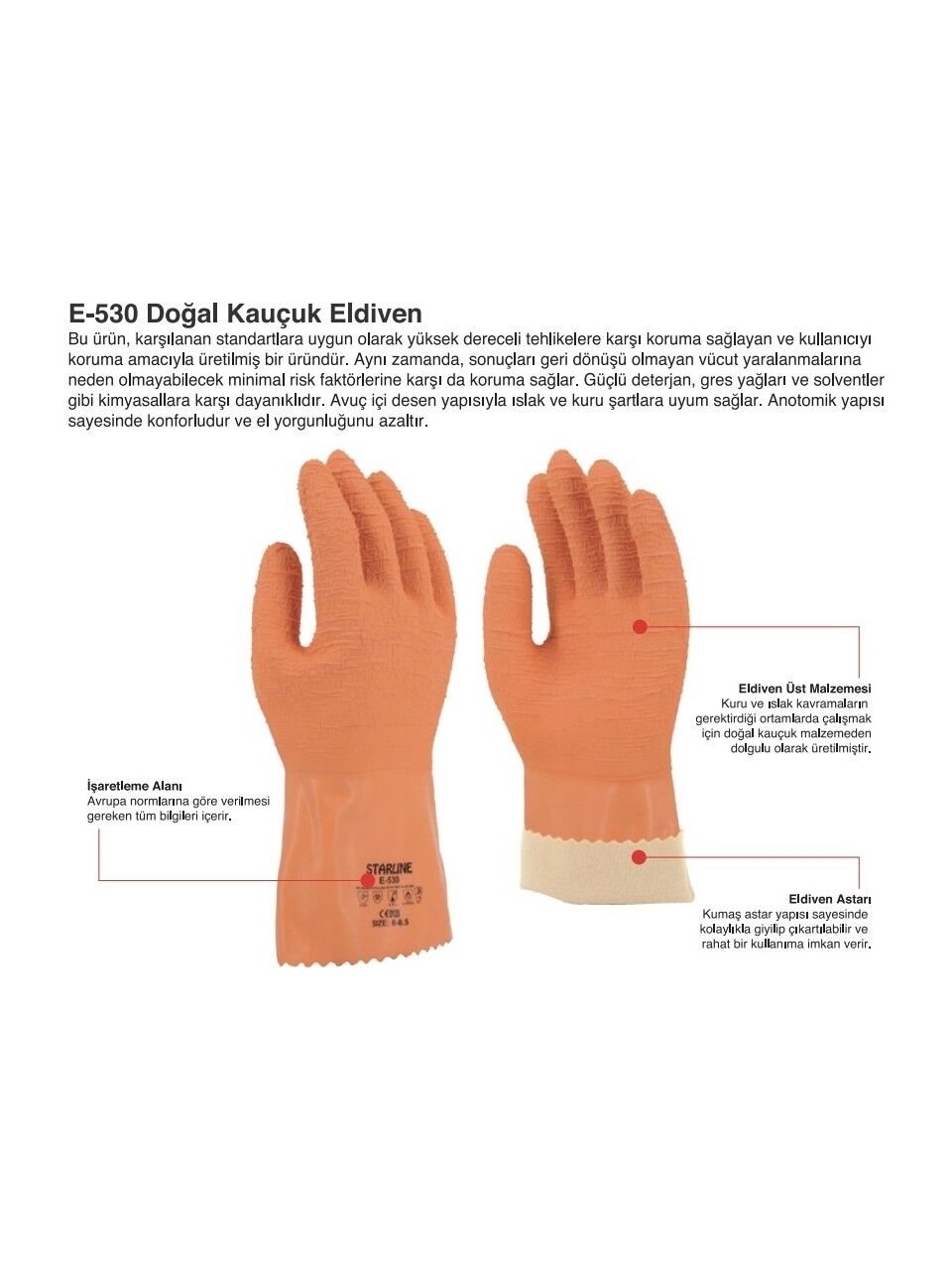 Starline E-530 Doğal Kauçuk Kimyasal Eldiven (Type A, 250°C Isı)  Uzunluk: 300mm