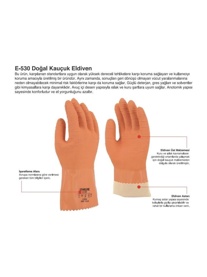 Starline E-530 Doğal Kauçuk Kimyasal Eldiven (Type A, 250°C Isı)  Uzunluk: 300mm