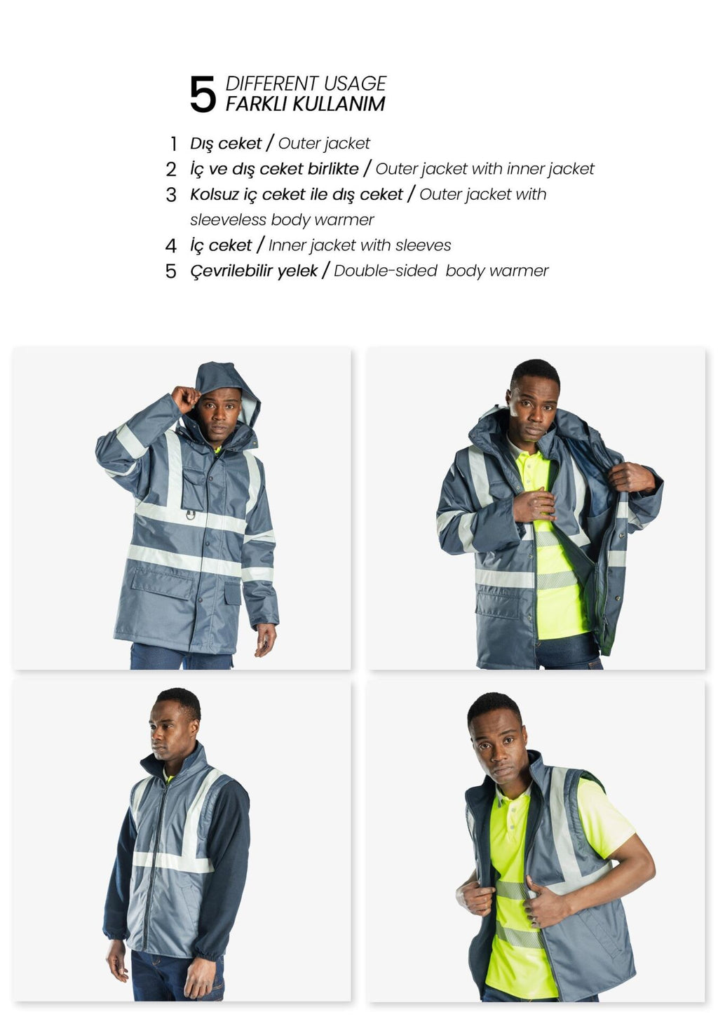 Alaska 5 in 1 Parka İş Kaban Lacivert 300D Oxford PU Kaplı iş güvenliği ekipmanı