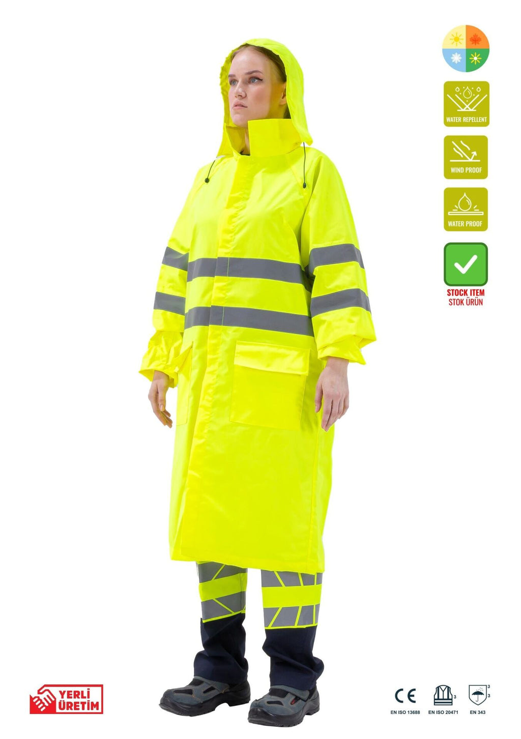 Alaska Hi-Vis Yağmurluk Uzun Reflektörlü 1500D Oxford PU Kaplı Çantalı iş güvenliği ekipmanı