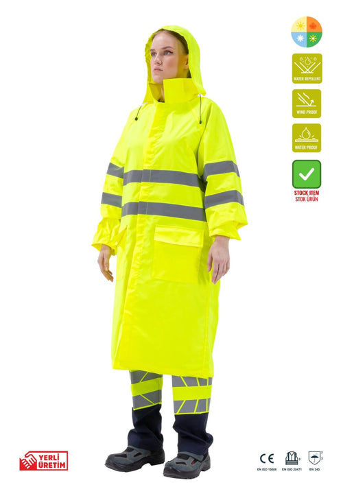 Alaska Hi-Vis Yağmurluk Uzun Reflektörlü 1500D Oxford PU Kaplı Çantalı