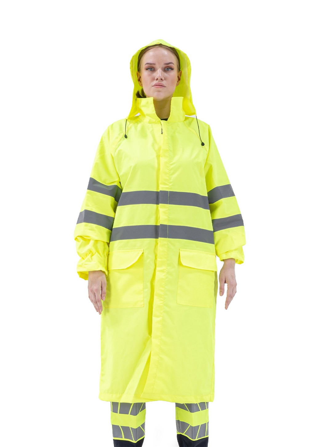Alaska Hi-Vis Yağmurluk Uzun Reflektörlü 1500D Oxford PU Kaplı Çantalı iş güvenliği ürünü