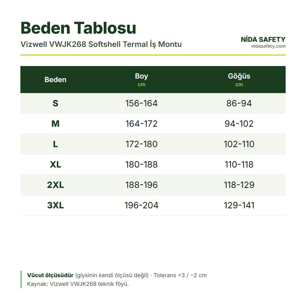 Vizwell VWJK268 Beden Tablosu