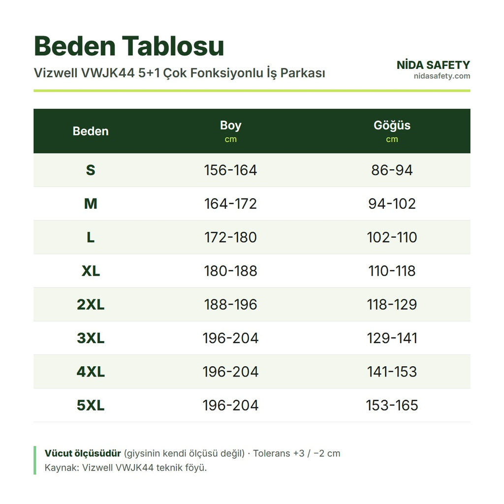 Vizwell VWJK44 Beden Tablosu