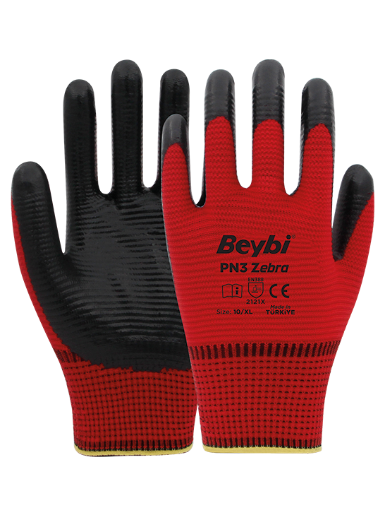Beybi PN3 Zebra Kırmızı Polyester Örme Nitril İş Eldiveni