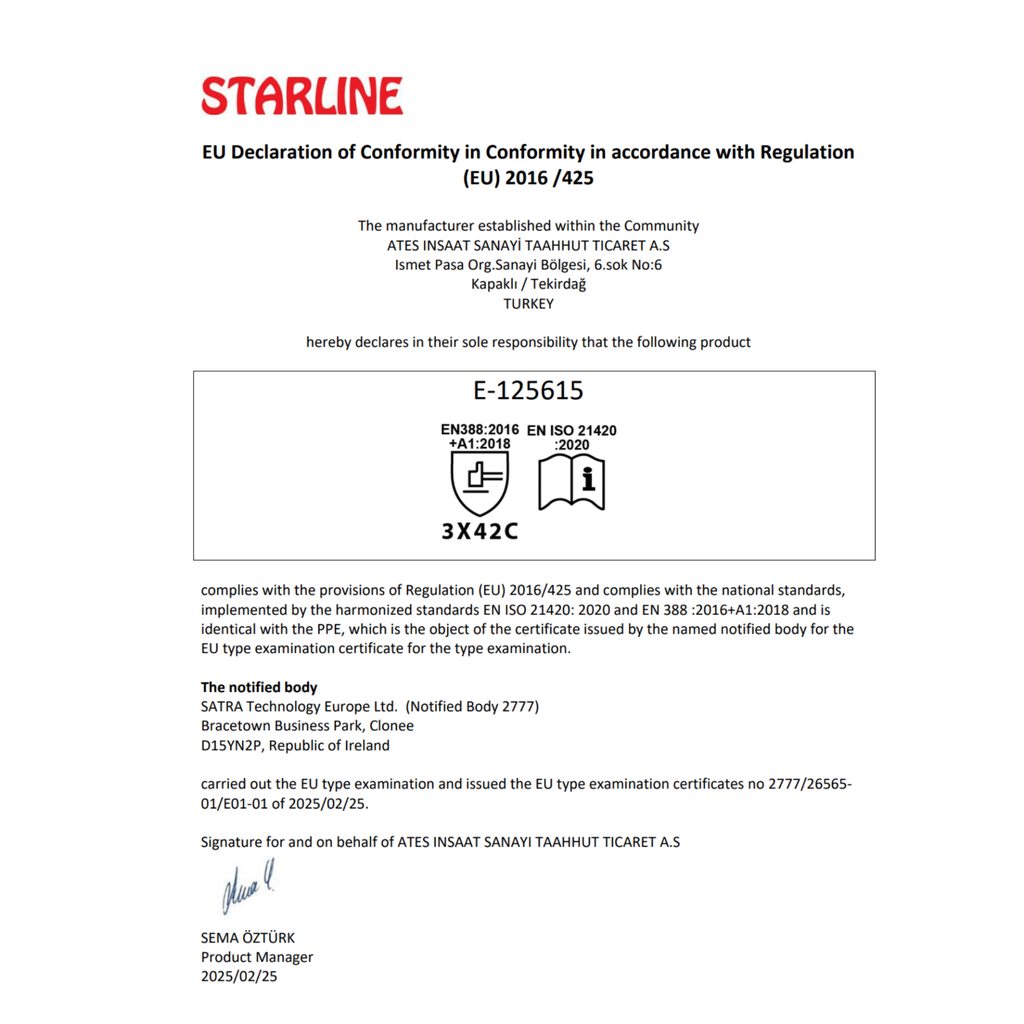 Starline E-125615 TPR Kaplama HPPE Astar Darbelere Karşı C Kesilme Dirençli İş iş güvenliği ürünü
