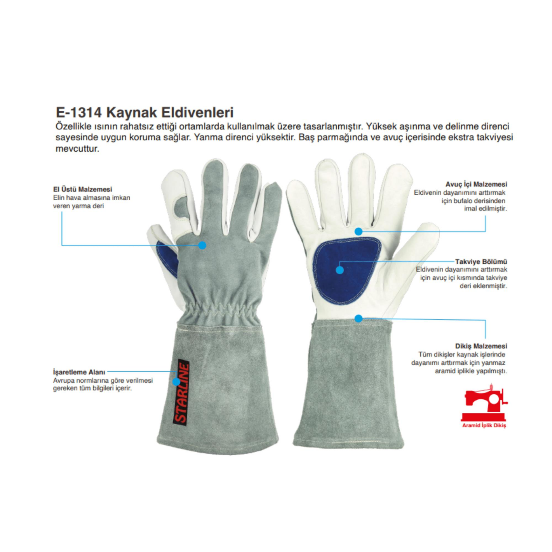 Starline E-1314 Kaynak Eldiveni Yarma Deri Takviyeli 35cm (EN 407: 413X4X) iş güvenliği ekipmanı