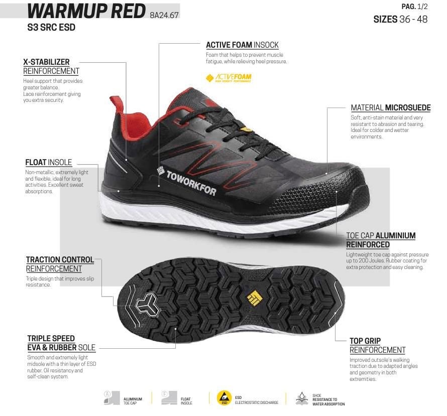 Toworkfor Warm Up Red S3 WRU SRC ESD İş Ayakkabısı