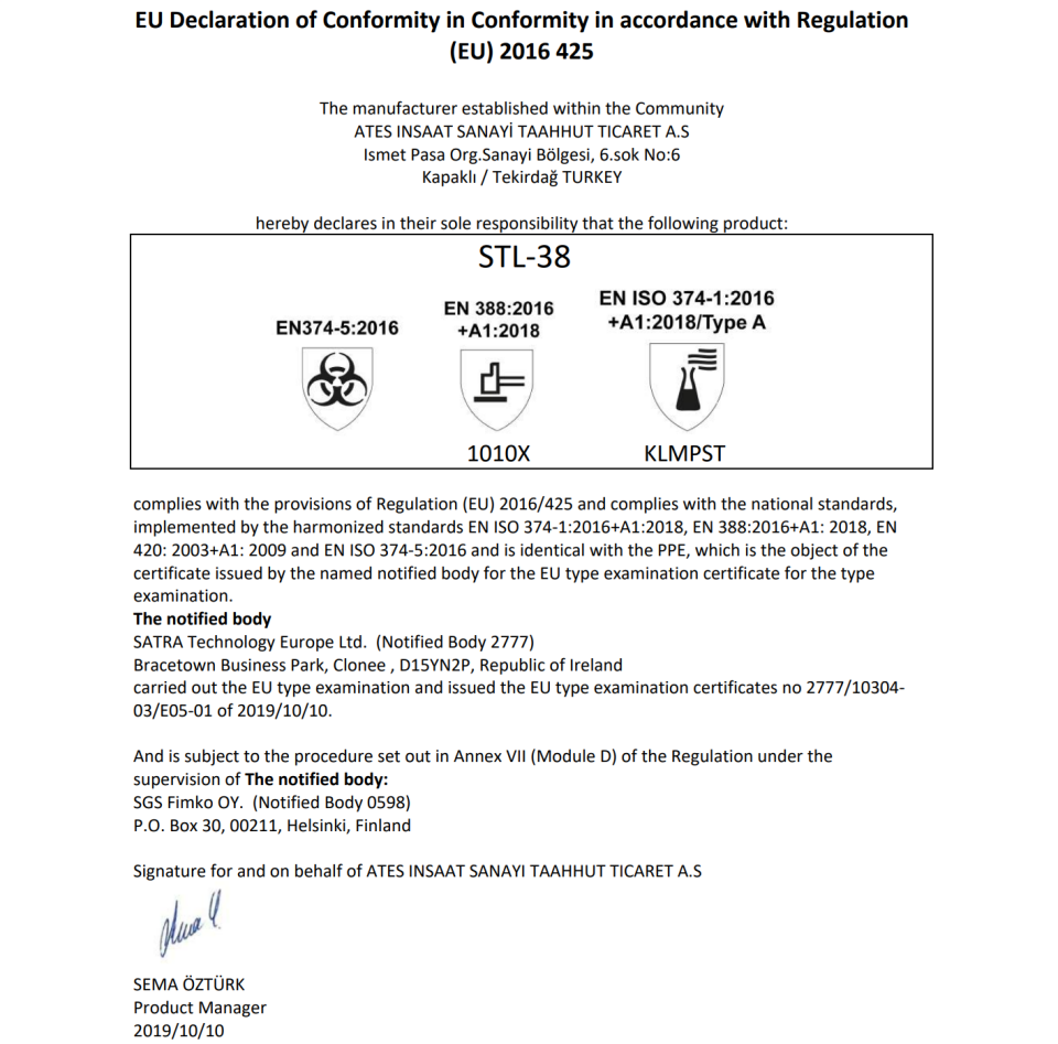 Starline STL-38 Yüksek Koruma Kimyasal Eldiven - KLMPST Kalınlık: 0,38mm Uzunluk: 300mm