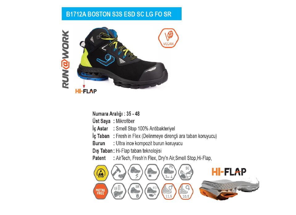 Base B1712A Serisi Boston S3S ESD SC LG FO FR  Kompozit Burun İş Botu