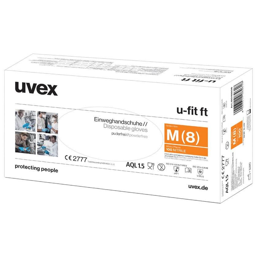 Uvex U-Fit Ft Tek Kullanımlık Eldiven - Kimyasal İş Eldiveni Nitril kauçuk (NBR) + Kalınlık 0.10 mm Uzunluk 24 Mavi * 100 Adet