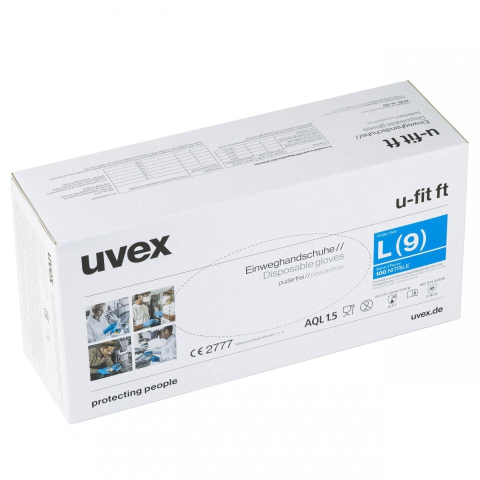 Uvex U-Fit Ft Tek Kullanımlık Eldiven - Kimyasal İş Eldiveni Nitril kauçuk (NBR) + Kalınlık 0.10 mm Uzunluk 24 Mavi * 100 Adet