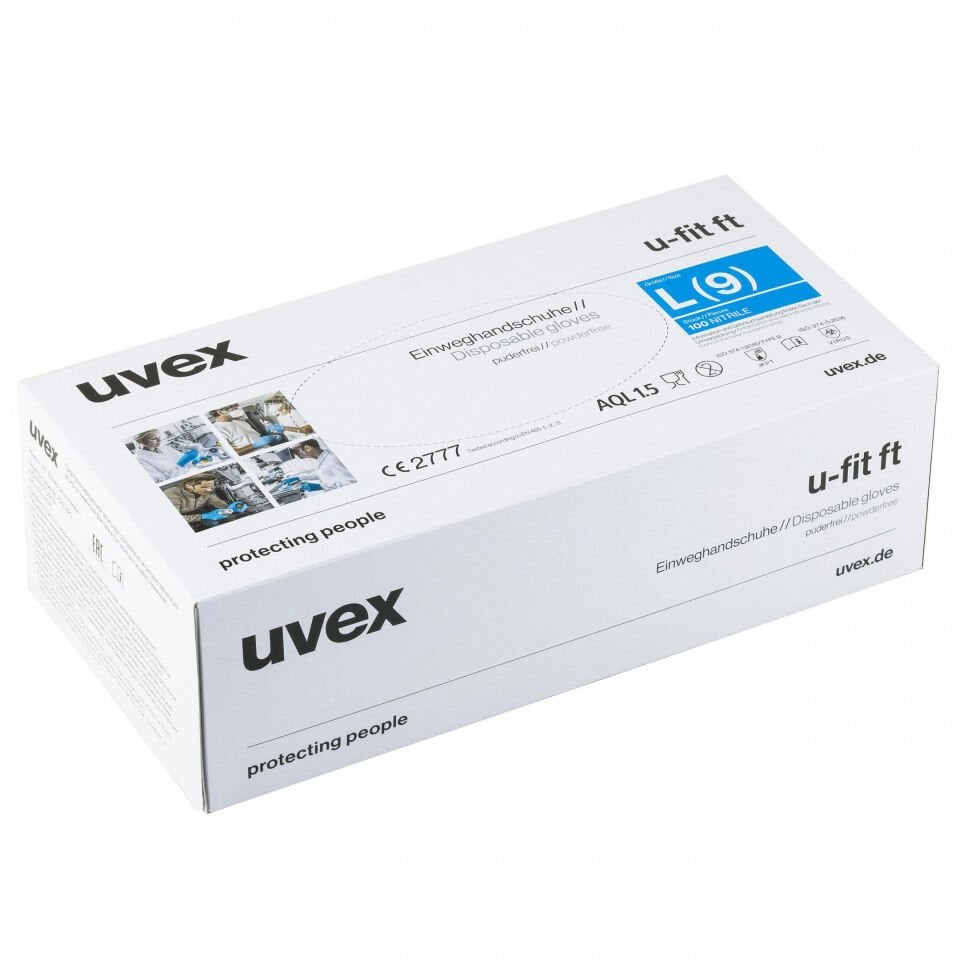 Uvex U-Fit Ft Tek Kullanımlık Eldiven - Kimyasal İş Eldiveni Nitril kauçuk (NBR) + Kalınlık 0.10 mm Uzunluk 24 Mavi * 100 Adet
