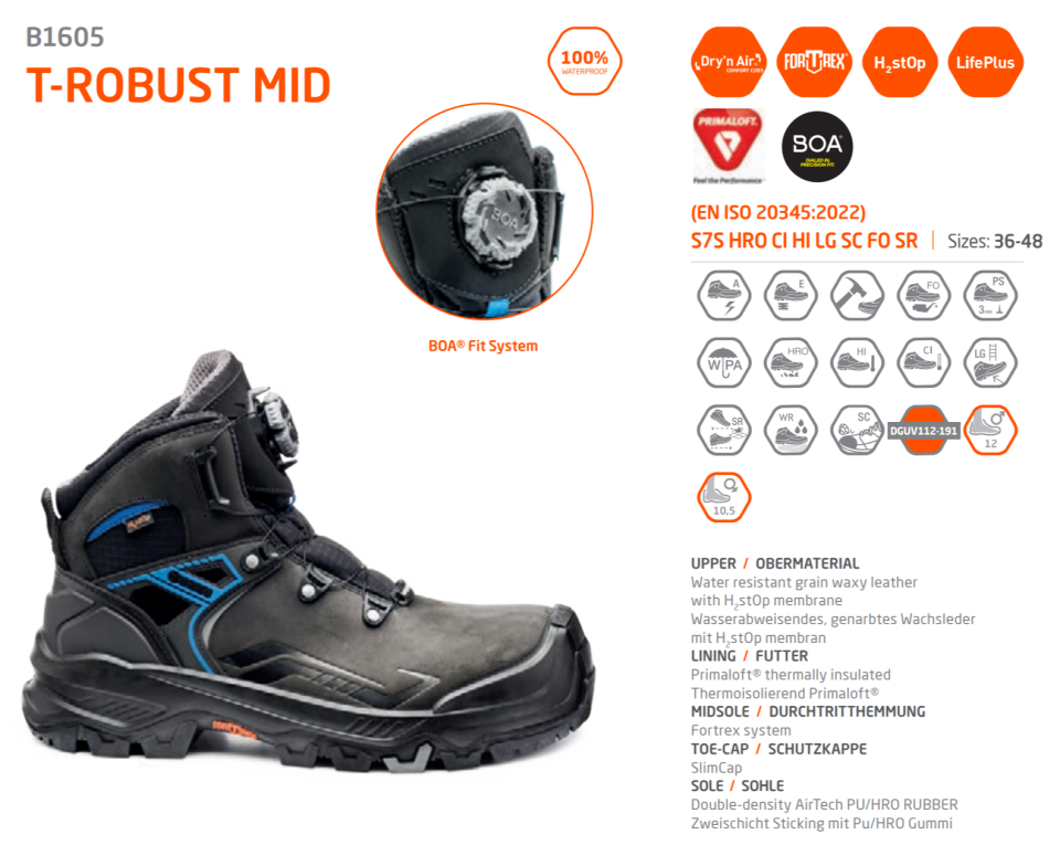 Base B1605 T-Robust  S7S HRO CI HI LG FO SR  Kompozit Burun Su Geçirmez İş Botu - Boa Bağcık
