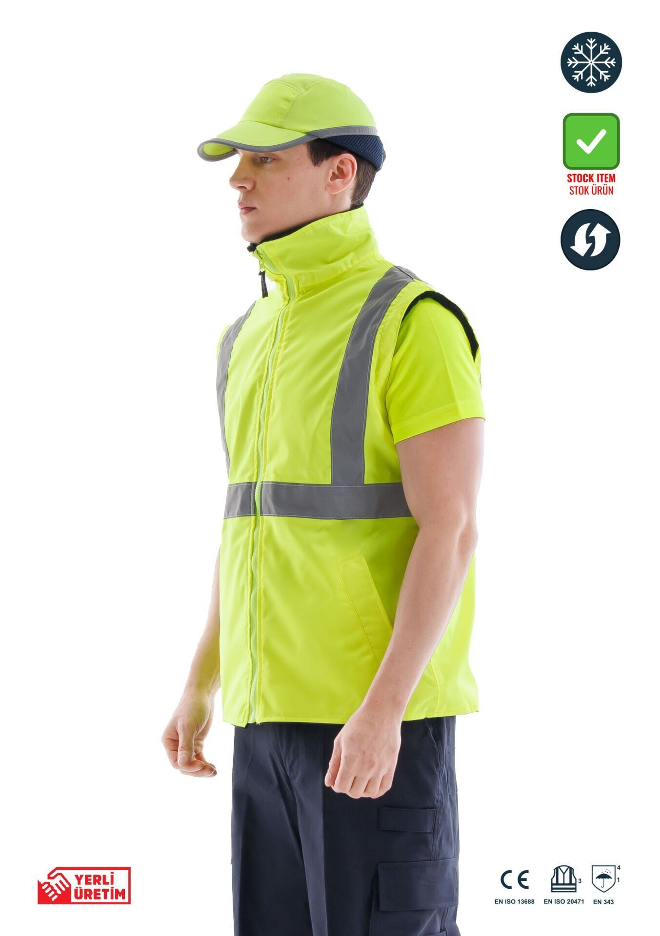 Alaska Hi-Vis 2 in 1 Yelek Neon Sarı Reflektörlü Yelek  300D Oxford PU Kaplı