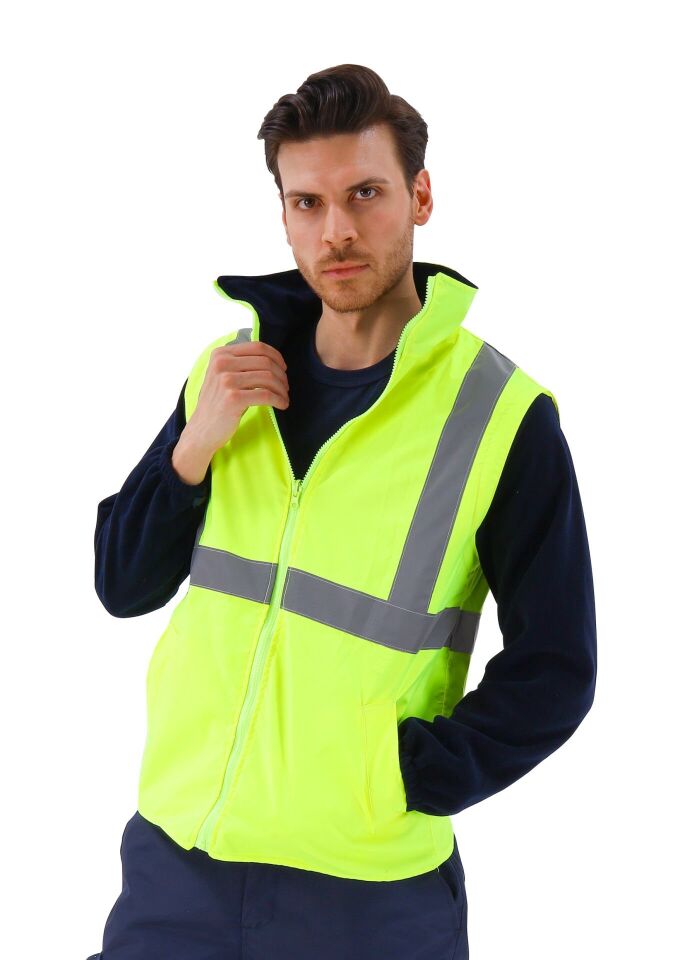 Alaska Hi-Vis 2 in 1 Yelek Neon Sarı Reflektörlü Yelek  300D Oxford PU Kaplı