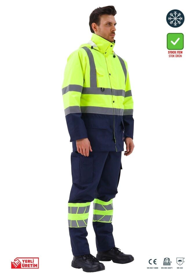 Alaska Hi‐Vis 5 in 1 Parka Reflektörlü İş Kabanı 300D Oxford PU Kaplı