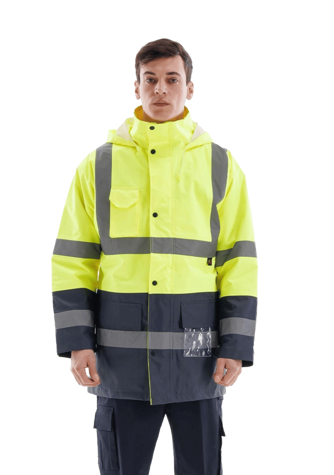 Alaska Hi‐Vis Parka Reflektörlü Kapitoneli Kaban 300D Oxford PU Kaplı