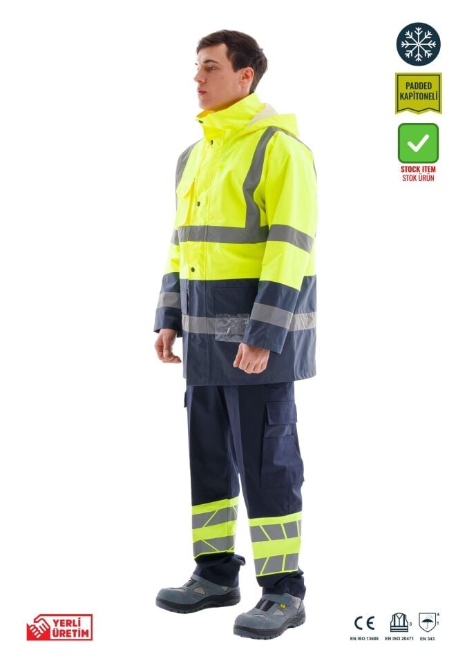 Alaska Hi‐Vis Parka Reflektörlü Kapitoneli Kaban 300D Oxford PU Kaplı