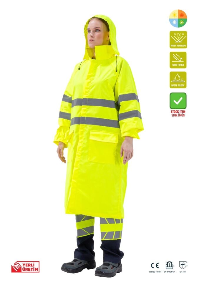 Alaska Hi-Vis Yağmurluk Uzun Reflektörlü 1500D Oxford PU Kaplı Çantalı