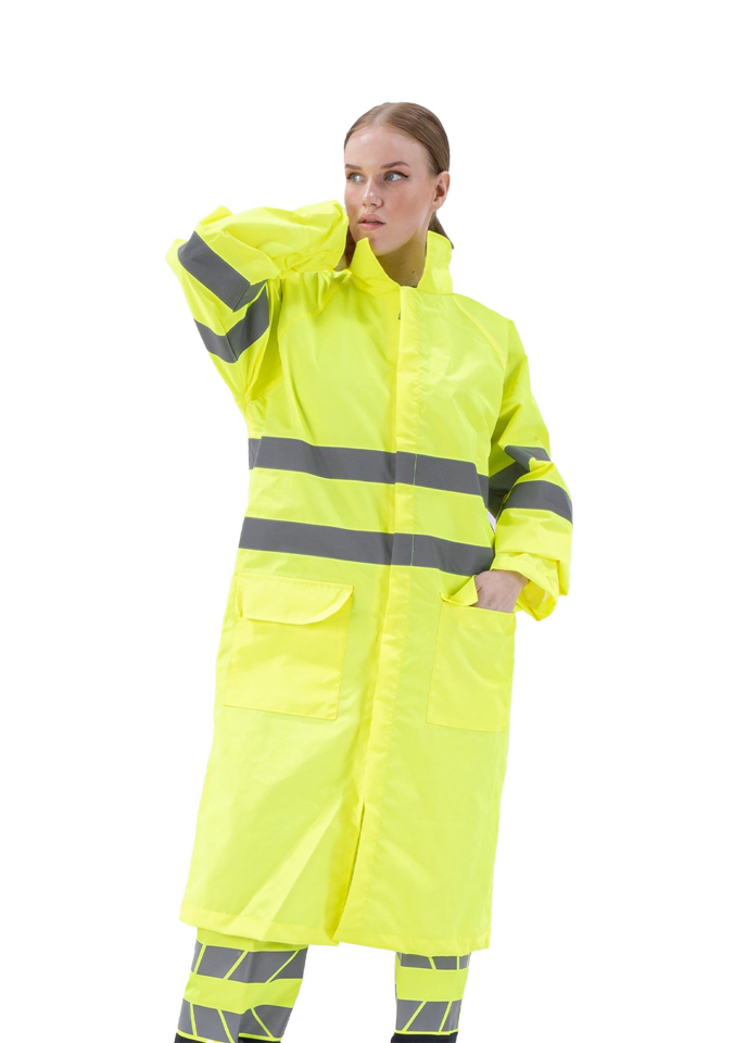 Alaska Hi-Vis Yağmurluk Uzun Reflektörlü 1500D Oxford PU Kaplı Çantalı