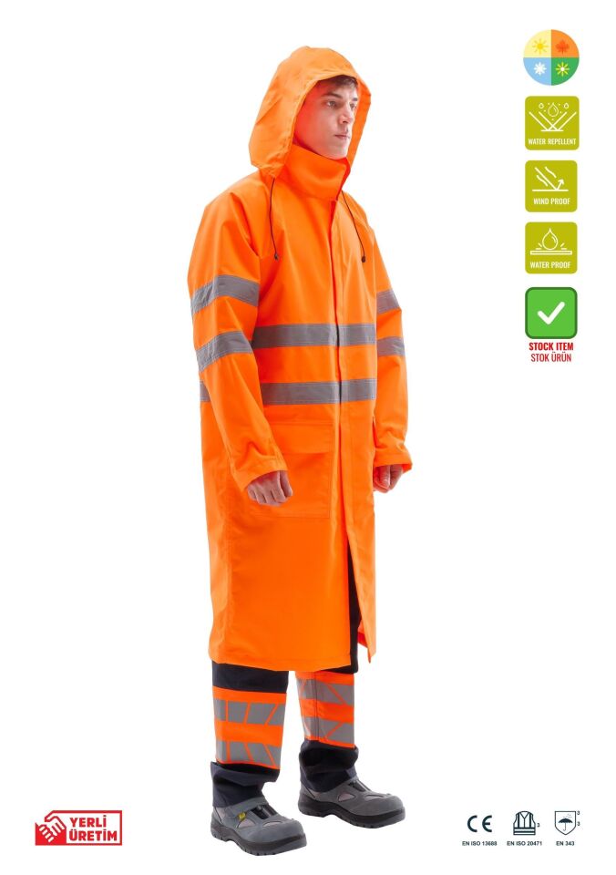 Alaska Hi-Vis Yağmurluk Uzun Reflektörlü 1500D Oxford PU Kaplı Çantalı