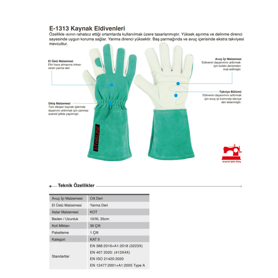 Starline E-1313 Kaynak Eldiveni 35cm Yarma Deri Takviyeli (EN 12477 Type A)