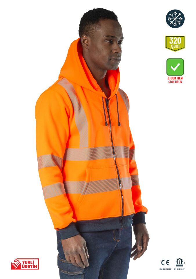 Alaska Hi-Vis Fermuarlı Kapüşonlu Sweatshirt İçi Polarlı Reflektörlü