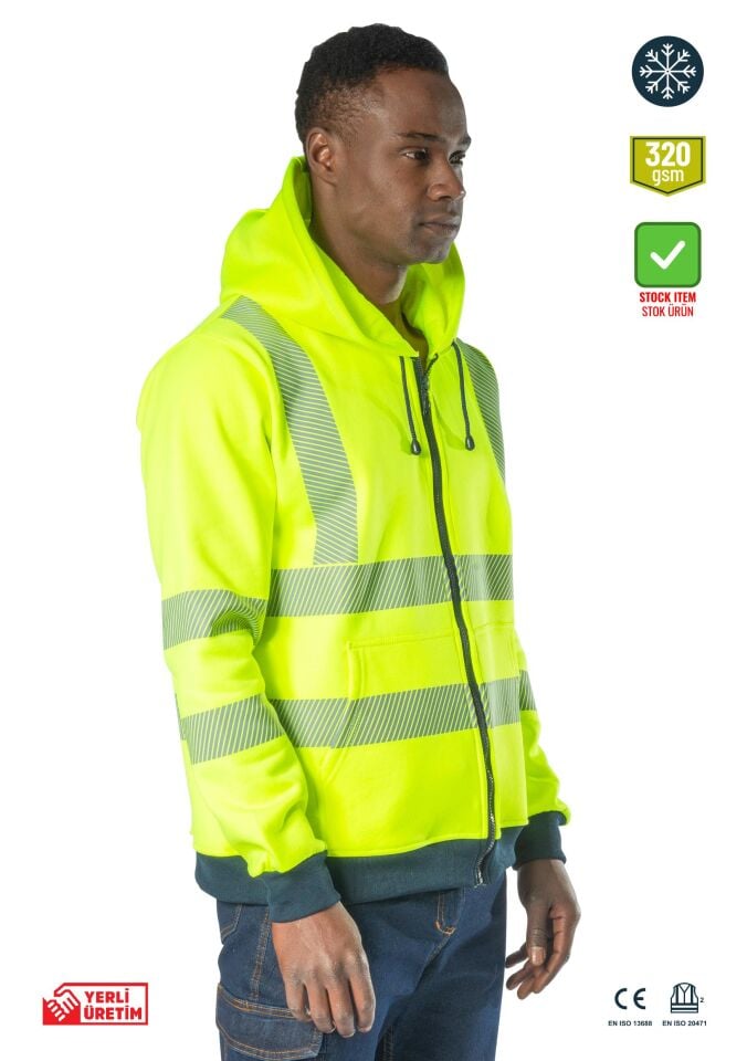 Alaska Hi-Vis Fermuarlı Kapüşonlu Sweatshirt İçi Polarlı Reflektörlü