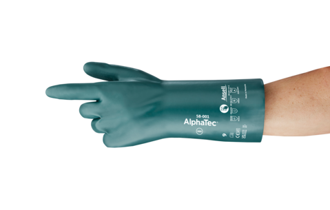 Ansell AlphaTec® 58-001 Nitril Kaplama Baklava İç Desen Kimyasal ve Elektrikçi İş Eldiveni Uzunluk: 330 Kalınlık: 0.38 mm  EN1149 + EN16350 + EN16350 + EN374: AJKLOPT