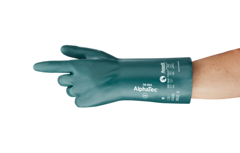 Ansell AlphaTec® 58-001 Nitril Kaplama Baklava İç Desen Kimyasal ve Elektrikçi İş Eldiveni Uzunluk: 330 Kalınlık: 0.38 mm  EN1149 + EN16350 + EN16350 + EN374: AJKLOPT