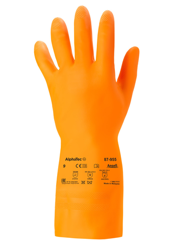Ansell AN 87-955 AlphaTec Doğal Lateks Kauçuk Kimyasal İş Eldiveni Uzunluk: 305 Kalınlık 0.35 mm  EN374: AKLOPS