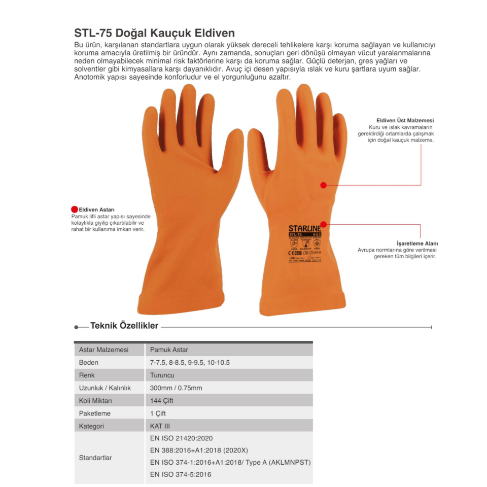 Starline STL-75 Kauçuk Kimyasal Eldiven (Type A: AKLMNPST, K:0.75mm - U: 300mm)